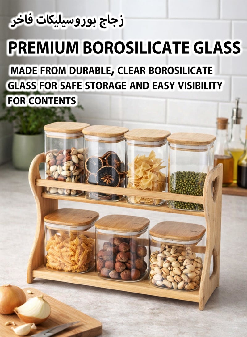 توشيونيكس طقم برطمانات تخزين زجاجية محكمة الإغلاق من البوروسيليكات مكون من 7 قطع مع منظم رفوف من الخيزران من طبقتين - علب تخزين شفافة للتوابل والمكسرات والفاصوليا والمعكرونة والأطعمة الجافة - أغطية من الخيزران محكمة الإغلاق بالسيليكون - Image 2